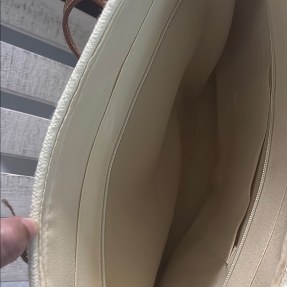 Cream and Brown Striped Tote Bag with Leather Handles - Picture 3 of 8